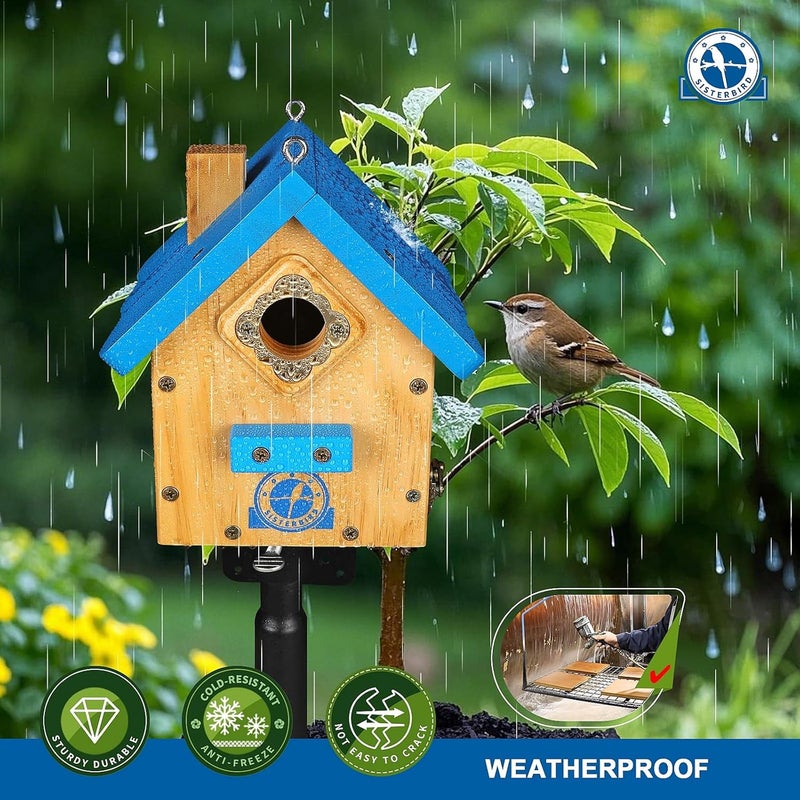 SISTERBIRD Wren Bird House for Outside, Premium Wooden Wren Bird Houses, Hanging Chickadee Bird House, Weatherproof Garden Decor Birdhouses for Outdoors, Blue Color Roof Bird Nesting Titmouse - Image 5